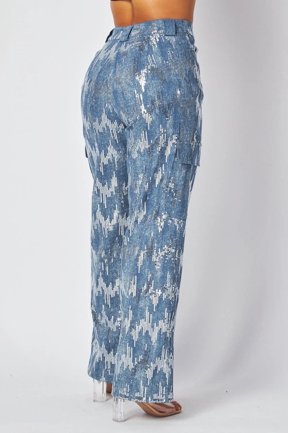 Shailene High Rise Sequin Detail Cargo Denim Pants