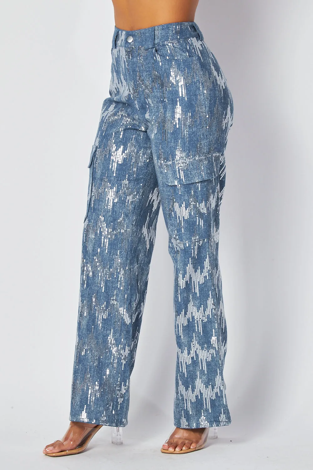 Shailene High Rise Sequin Detail Cargo Denim Pants
