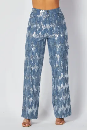 Shailene High Rise Sequin Detail Cargo Denim Pants