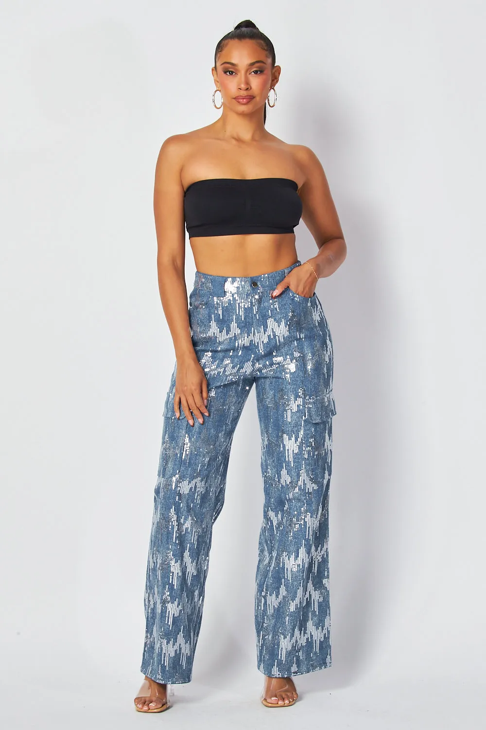 Shailene High Rise Sequin Detail Cargo Denim Pants