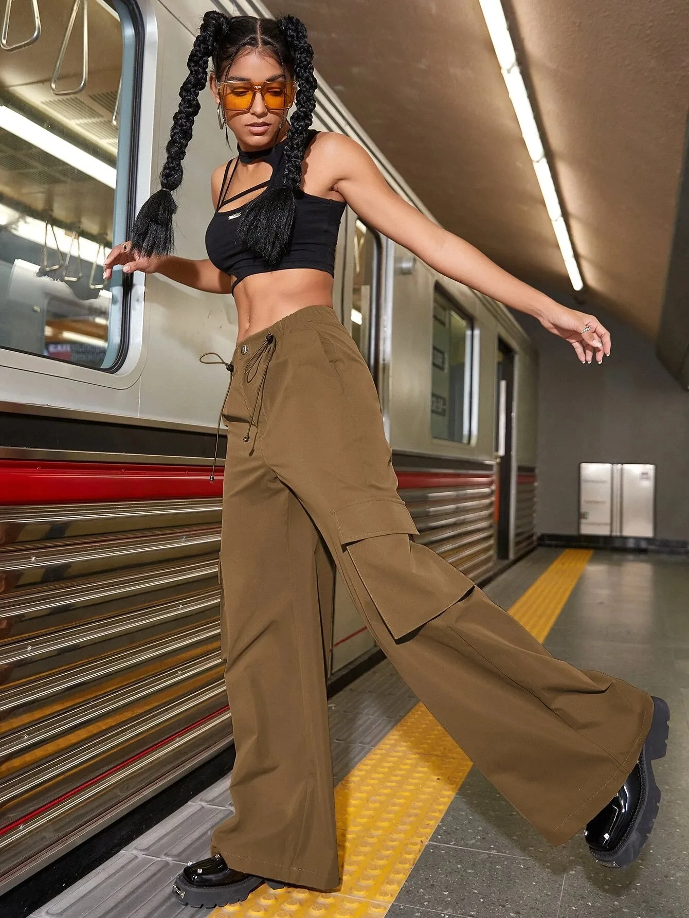 Street Drawstring Waist Flap Pockets Parachute Cargo Pants